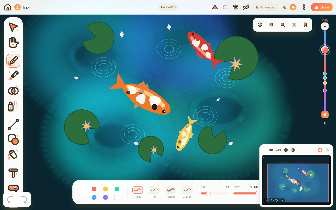 The same Koi Pond drawing after one tap of the day/night toggle: warm coral chrome on cream