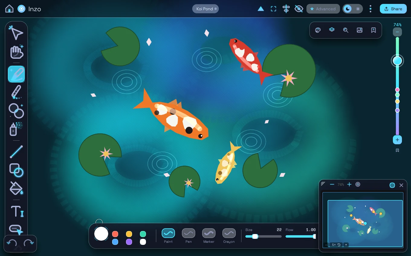 Inzo's editor at night: the Koi Pond example drawing with the tool dock, dive rail and minimap floating over the canvas