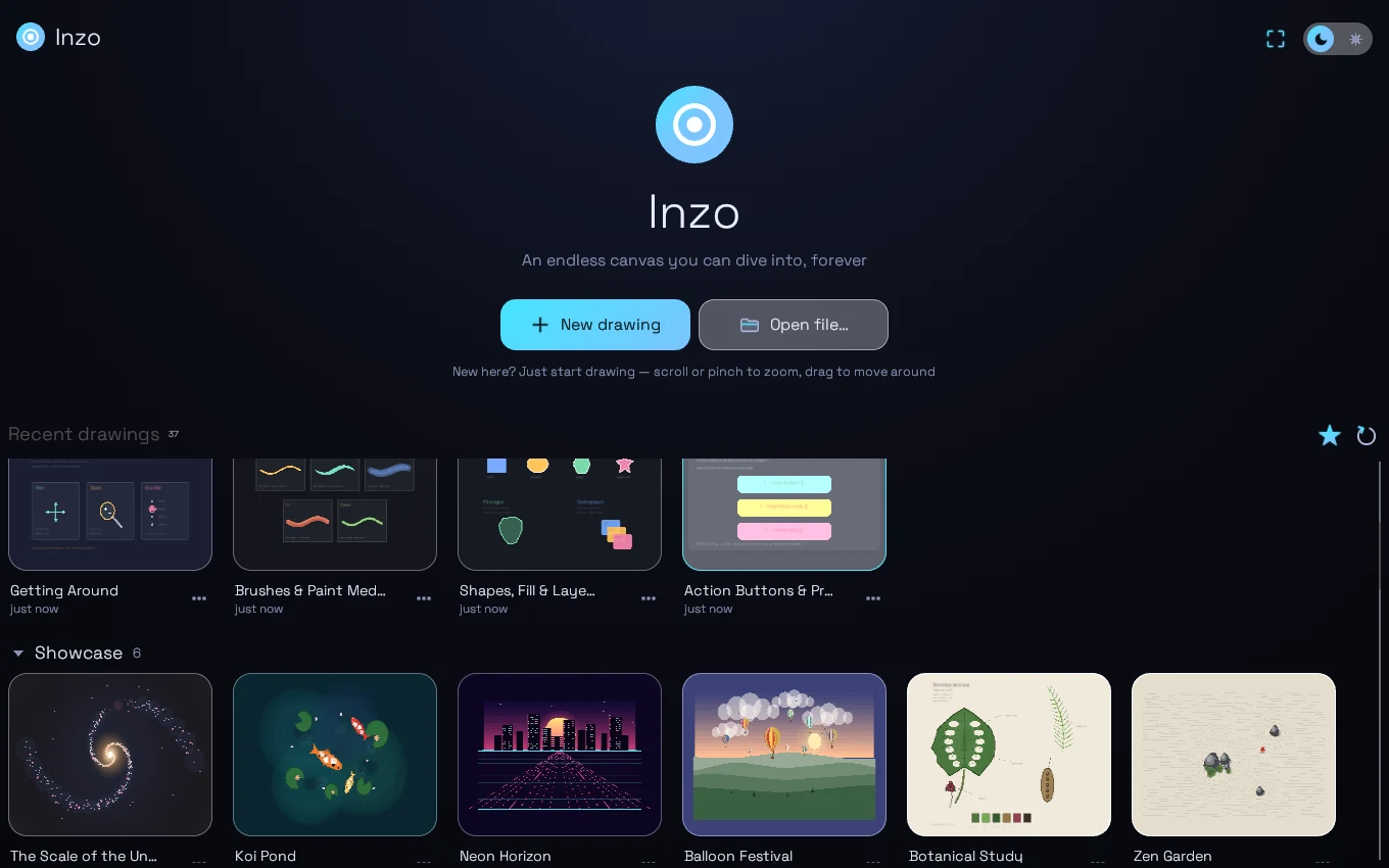 Inzo's Home library: cards of drawings organised in folders, including the Showcase examples